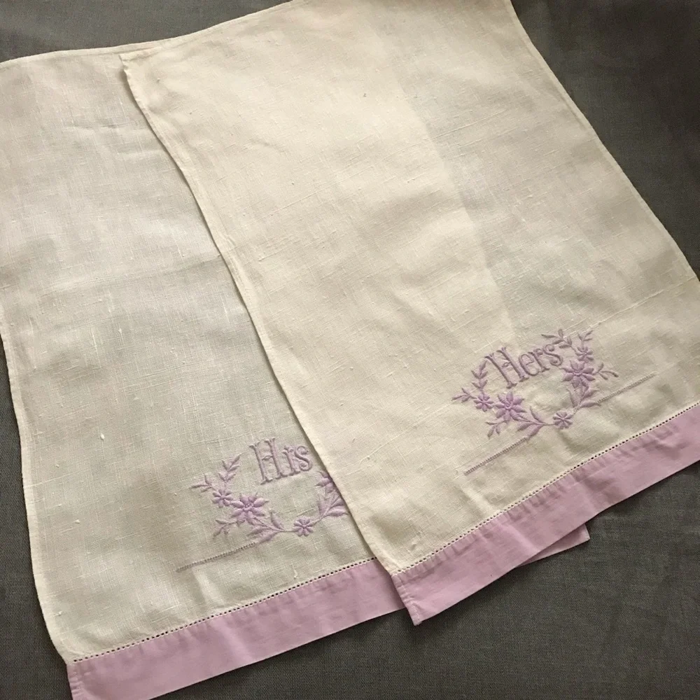 Vintage Embroidered His and Hers Linen Towels - white and lavender